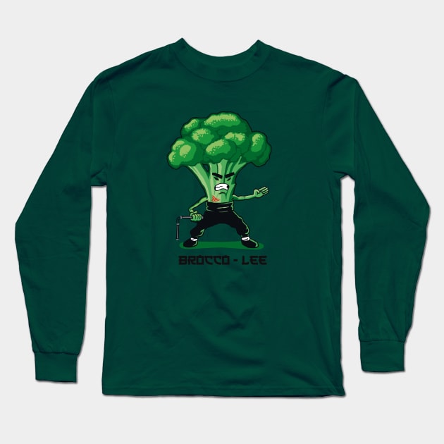 Brocco Lee Funny Vegetable with Nunchucks Long Sleeve T-Shirt by Karate Panda